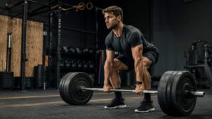 Intense deadlift in a modern gym